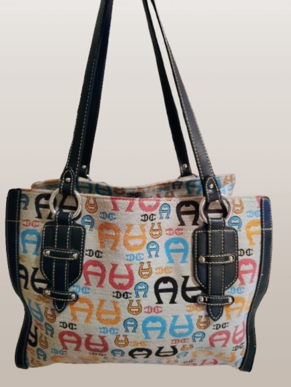 GUC Etienne Aigner Tote - Multicolor Logo Canvas w/ Black Leather Trim